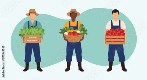 Three diverse farmers standing together holding wooden crates and baskets filled with fresh green and red vegetables.