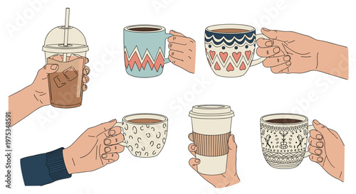 Diverse collection of human hands holding various coffee mugs, tea cups, and take-away drinks with different colorful patterns.
