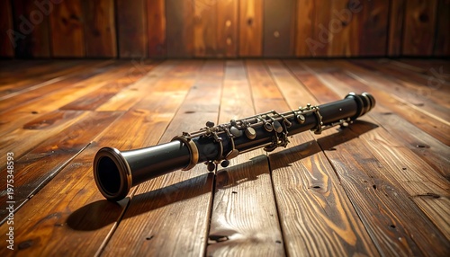 A shiny black double reed woodwind instrument on wooden floor