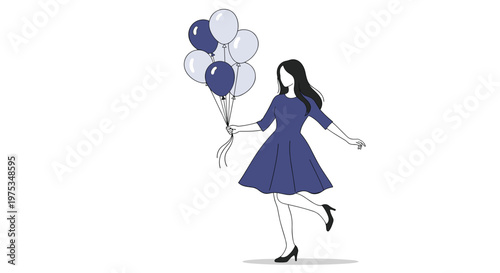 Elegant woman in a blue dress happily holding a large bunch of colorful balloons while standing alone on a white background.
