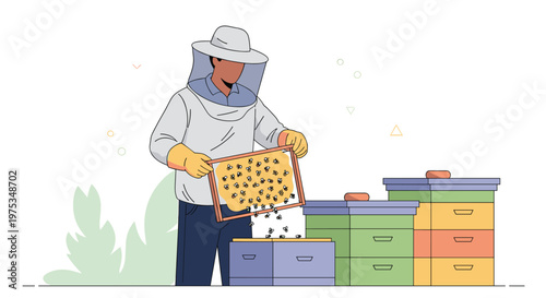 Beekeeper wearing a full protective suit and veil carefully inspecting a honeycomb frame full of bees above a row of colorful wooden hives.