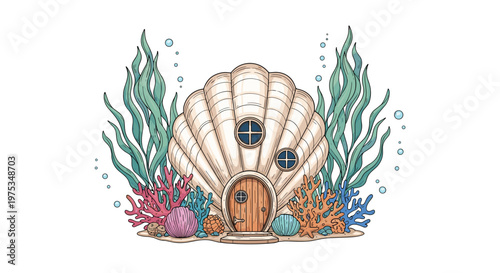 Magical underwater scene of a whimsical house built inside a giant seashell, surrounded by colorful coral reefs, seaweed, and floating bubbles.