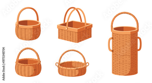 Set of six various woven wicker baskets in different shapes including round, square, and tall cylindrical designs with handles for storage and carrying.