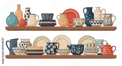 Two wooden shelves filled with a diverse collection of decorative ceramic pottery including vases, plates, bowls, and patterned teapots.