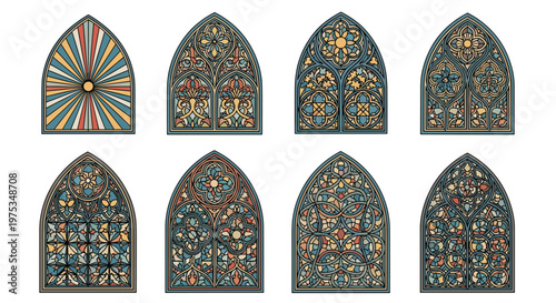 Collection of eight beautifully designed gothic arched stained glass windows with intricate geometric and floral patterns in vintage colors.