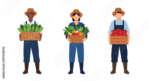 Diverse group of three farmers holding wooden crates and baskets filled with fresh organic vegetables from local harvest.