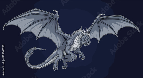 Powerful gray dragon with massive wings and sharp claws flying through a dark atmosphere, representing strength and fantasy adventure.