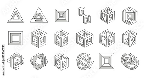 Set of black and white impossible geometric shapes and optical illusions including distorted cubes and interconnected loops on a white background.