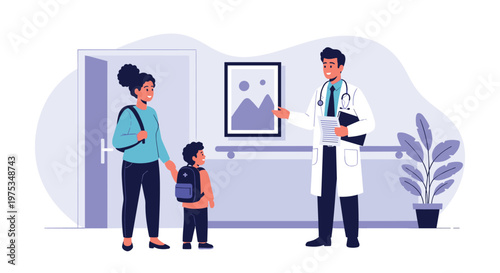 Male doctor in a white coat talking to a mother and her young son during a medical consultation in a modern hospital hallway.