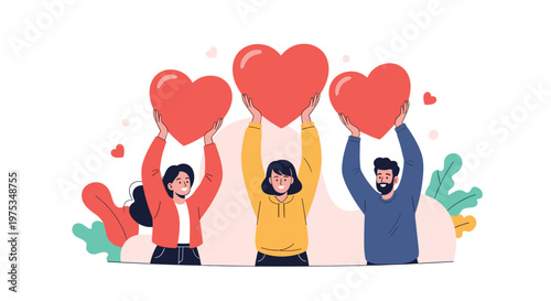 Happy diverse group of three friends holding large red heart shapes over their heads to express love, support, and charity.