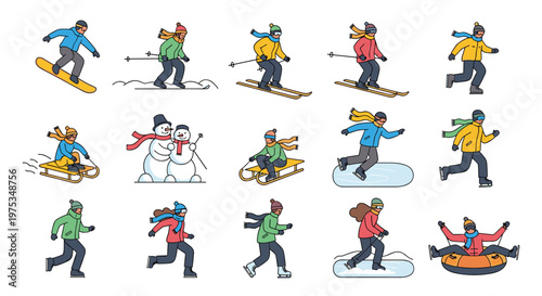 Large set of people participating in various winter sports like skiing, snowboarding, skating, and sledding in outdoor park.