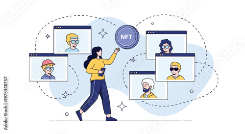 Young woman interacting with a digital interface of various NFT avatar profile pictures in browser windows for virtual gallery.