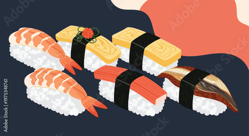 Selection of six different nigiri sushi types including shrimp, egg, eel, and crab stick on a dark blue background.