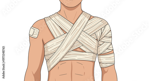 Medical illustration of a male torso with extensive bandages wrapped around the chest and shoulder for injury treatment.