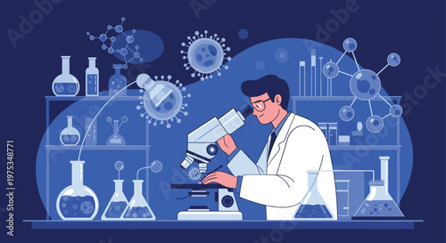 Scientist in a laboratory wearing a white coat and glasses looking through a microscope at virus samples for research.