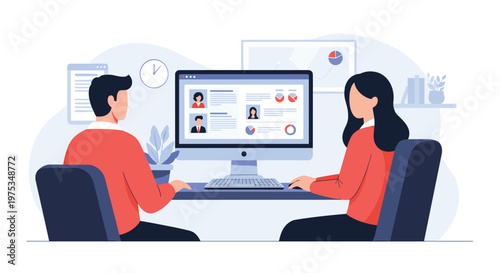 Two business colleagues working together on a computer to review employee profiles and recruitment data in office office.