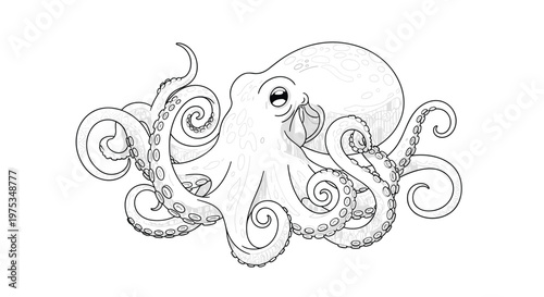 Detailed black and white line art illustration of a large octopus with many tentacles and suction cups for coloring book.