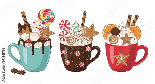 Three festive mugs of hot chocolate with whipped cream, gingerbread cookies, candy canes, and orange slices for Christmas.