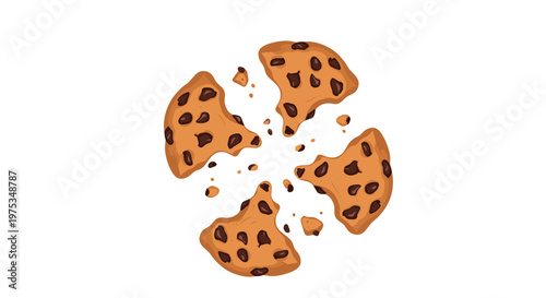 Delicious chocolate chip cookie broken into four pieces with crumbs scattered around it isolated on white background.