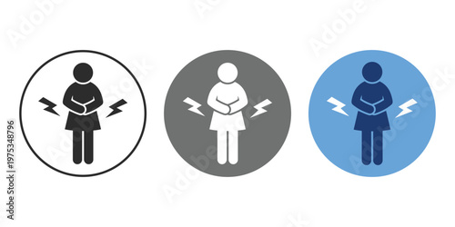 Solid icon of a woman holding her abdomen with pain symbols representing pelvic pain, menstrual cramps, and abdominal discomfort. Suitable for women health, gynecology, and medical topics.