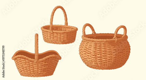 Three different types of empty woven wicker baskets with handles for picnic, storage, or shopping isolated on beige.