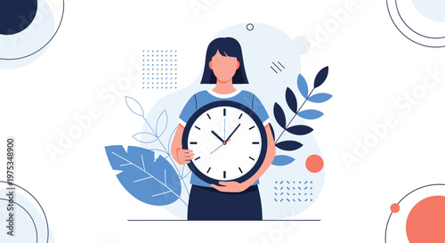 Illustration of a woman holding a large round wall clock against a decorative background with leaves and abstract shapes.