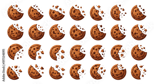 Large set of pixel art chocolate chip cookies shown in various stages of being eaten with crumbs and bites taken out of them.