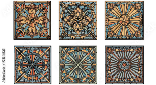 Six square intricate stained glass window patterns featuring colorful symmetrical floral and geometric designs in earth tones.