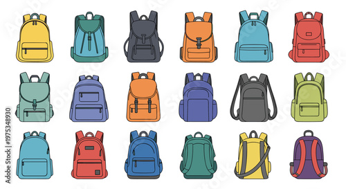 Large collection of diverse backpack styles and colors including hiking daypacks and school bags shown in a clean line art style.