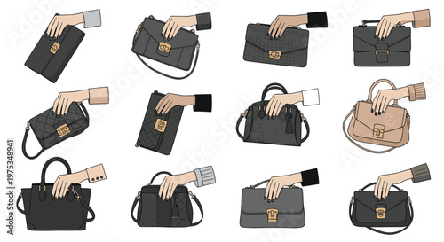 Collection of female hands elegantly holding different styles of black and beige leather handbags clutches and purses for fashion.