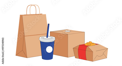 Selection of brown paper and cardboard fast food takeout packaging including bags boxes and a blue soda cup with a straw.