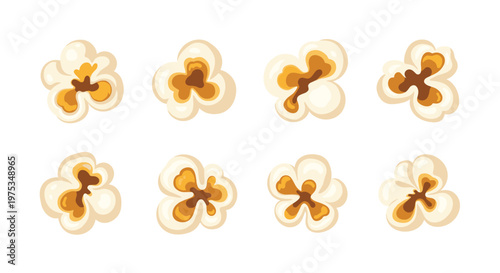 Collection of eight individually drawn pieces of fluffy popcorn in different shapes with golden butter and brown tones.