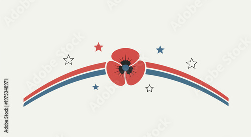 Stylized floral and star composition, red flower, blue and red bands, and stars