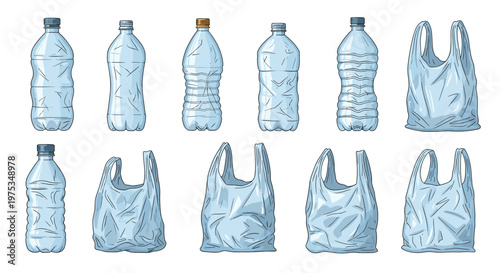 Collection of various crushed and wrinkled plastic water bottles and flimsy shopping bags representing environmental issues.