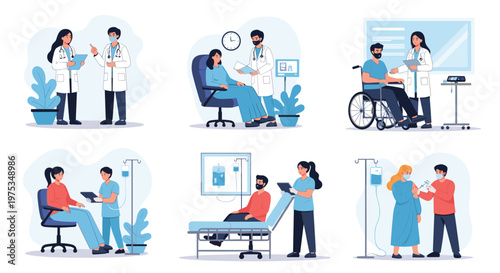Series of scenes showing doctors and nurses in hospital settings caring for patients in wheelchairs beds and during vaccinations.