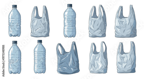 Array of crumpled blue plastic bottles and translucent grey plastic bags shown as powerful symbols of plastic pollution and waste.