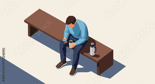 Isometric view of a man in casual clothes sitting on a long wooden bench while using his mobile phone next to a thermos.