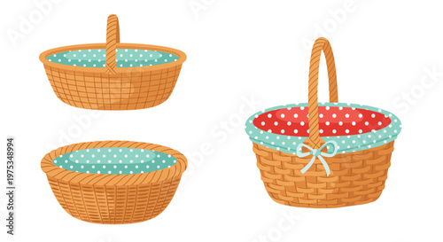Set of empty wicker picnic baskets with blue and red polka dot fabric liners isolated on a clean white background.