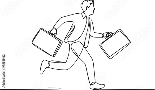 Businessman Running With Briefcases Line Art Busy Professional Deadline Concept Continuous Line Illustration