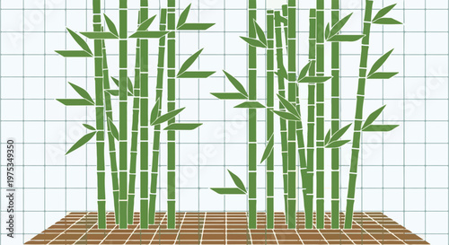 Stylized green bamboo stalks with leaves on a brown base, grid background