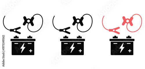 Cartoon jumper cable or jumper lead for car, battery jumper power cables with plus and minus symbols, representing jump starting a vehicle and charging battery, presented as a clear vector 