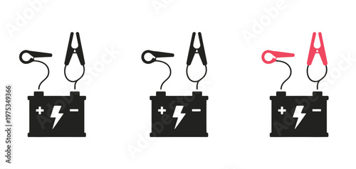 Cartoon jumper cable or jumper lead for car, booster cable icon featuring plus and minus poles, empty battery and charging concept, designed as a clean vector illustration 