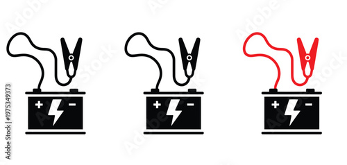 Cartoon jumper cable or jumper lead for car showcasing battery booster cables with positive and negative terminals, illustrating jump start and charging process, crafted in a simple vector style 