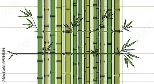 Stylized green bamboo stems with leaves and horizontal lines on a grid