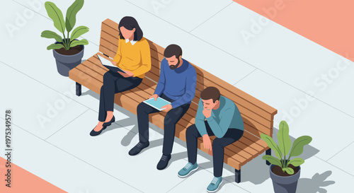 Three diverse individuals sitting on a long wooden bench in a public area while reading or waiting in a modern isometric perspective view.