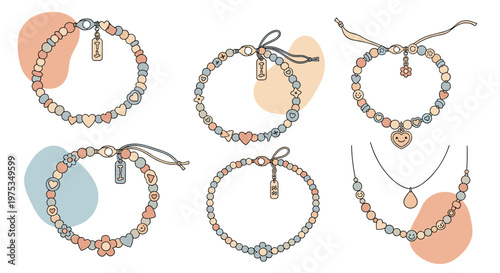 Collection of six colorful beaded bracelets and necklaces with various cute charms such as hearts, flowers, and yellow smiley faces.