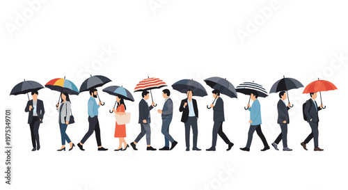 Large group of diverse people walking in a line holding various colorful and patterned umbrellas on a rainy day.