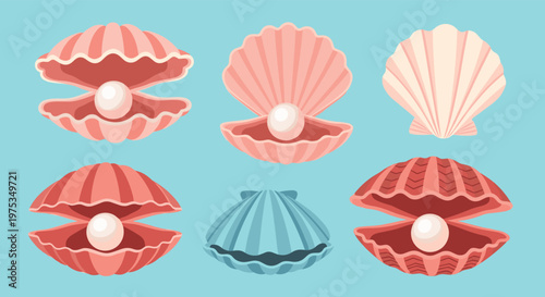 Collection of six various pink and blue sea shells with beautiful white pearls inside against a light blue background.