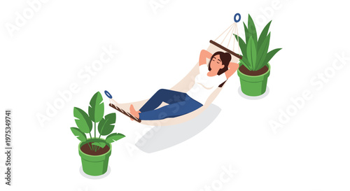 Relaxed woman peacefully sleeping in a white hammock hung between two large green potted plants on a white background.
