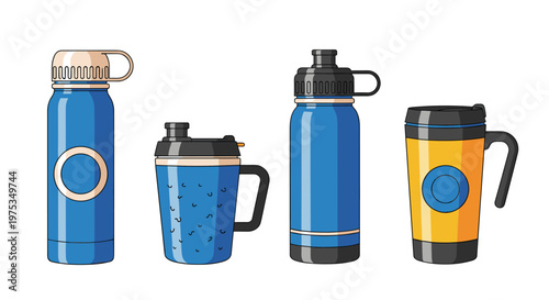Set of four various reusable blue and yellow water bottles and travel coffee mugs for sustainable hydration.